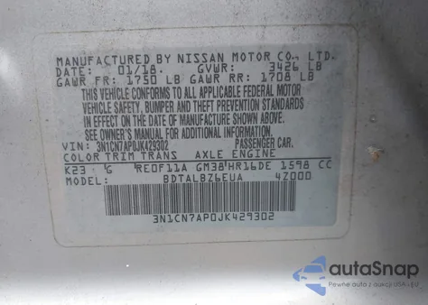 2018 Nissan Versa 1.6 Sv from USA, damaged, VIN 3N1CN7AP0JK429302